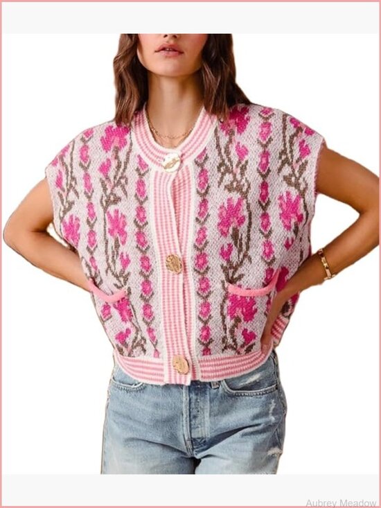 Sweaters - Sleeveless Floral Button Down Knit Sweater Vest Pockets